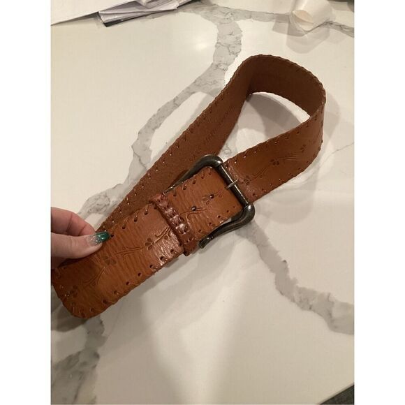 Sax Fifth Avenue Leather Brown Belt Sz S Braided Trim Embossed - Picture 2 of 8